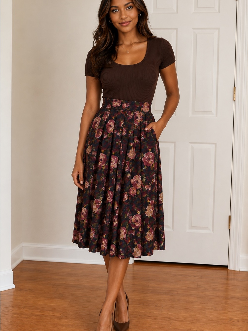 Floral Pleated Midi Skirt in Burgandy